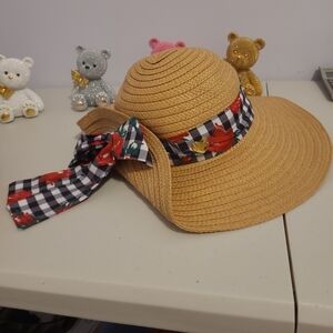 Betsey Johnson Straw Sun Hat with Black & White Gingham Floral Ribbon